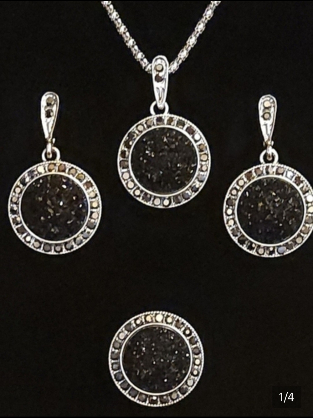 Silver Black Druzy Circle Pendant & Earring Set